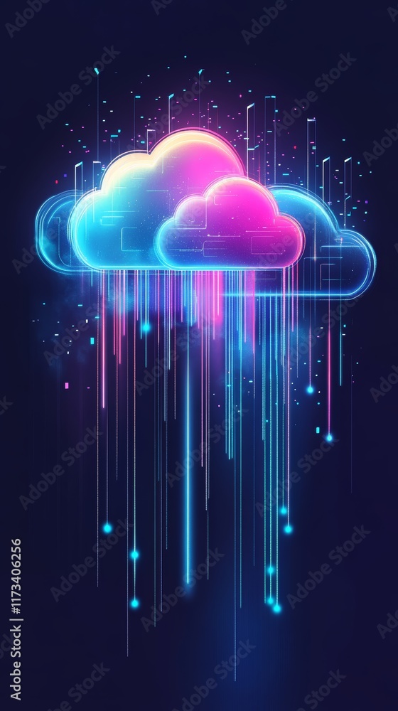 Poster this vibrant and futuristic cloud design features neon colors and digital rain, creating a captivati