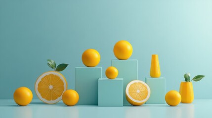 Naklejka premium Vibrant still life, fresh oranges on blue box, burst of citrus delight fresh