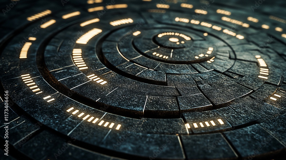 Poster Abstract dark metallic circular pattern with glowing lines, futuristic technology design.