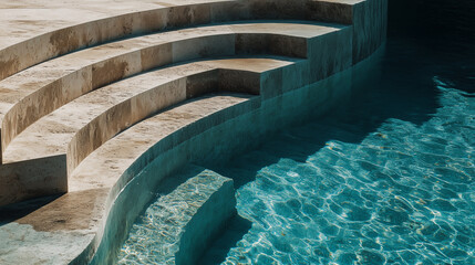Obraz premium Curved tiled steps entrance to elegant swimming poll