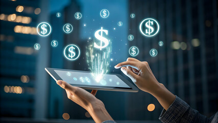 Hands Holding Tablet with Floating Dollar Sign Icons at Night