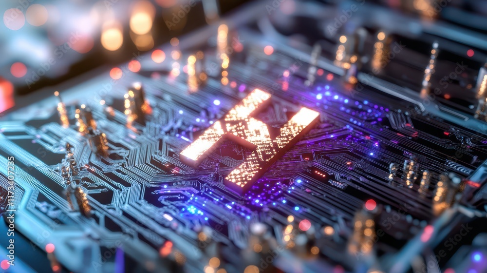 Poster illuminated circuitry, closeup view of computer board with bright lights closeup