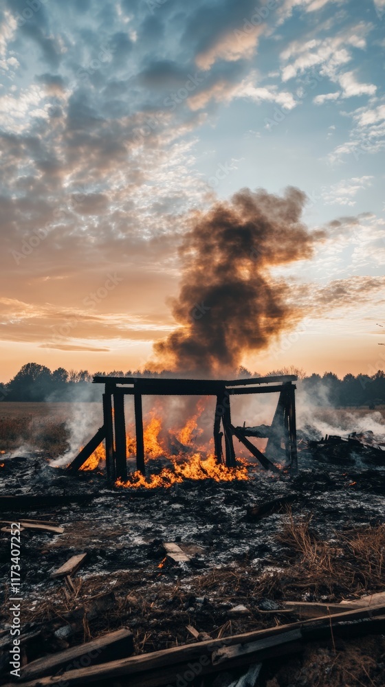 Aufkleber dramatic scene unfolds as a wooden structure is engulfed in flames, producing thick smoke against a 