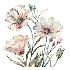 Vintage watercolor white flower and wildflowers isolated on white background, old botanical illustration