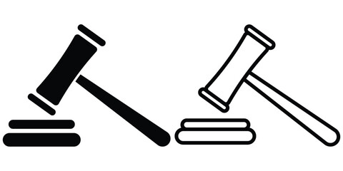 Gavel icon set. Minimalist vector illustration of a gavel in black and white. Editable stroke. Gavel Icons pack in outlined and flat versions. Design eps 10