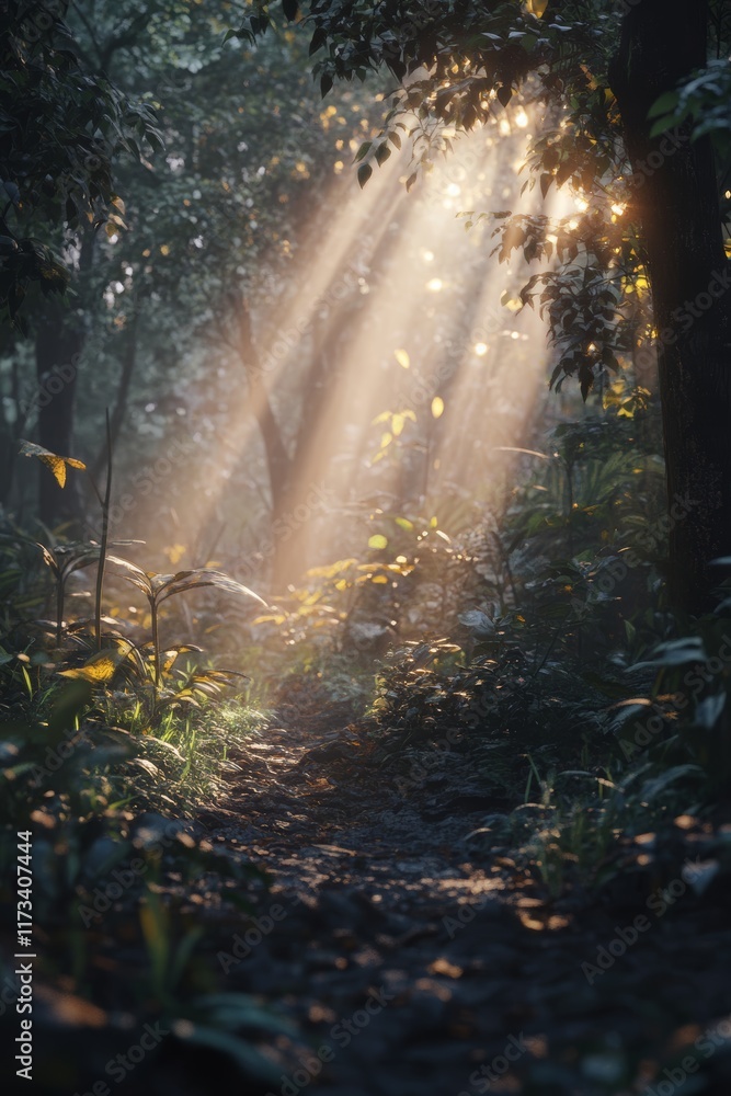 Poster discover a serene pathway through a lush forest, illuminated by gentle sunlight rays, creating a cal