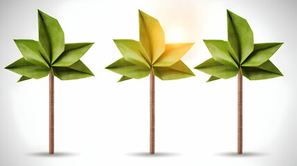 Origami trees growing towards sunlight;  environmental concept;  illustration for sustainability campaigns.