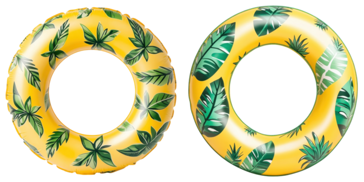 Bright yellow pool rings with tropical leaf designs for summer fun