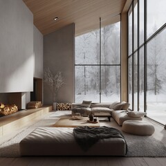 Cozy modern living room with winter forest view and fireplace