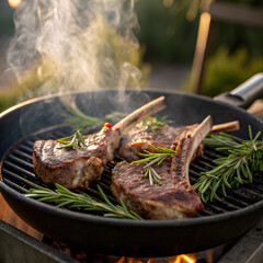 Lamb Chops Grilling with Fresh Rosemary on an Outdoor Barbecue