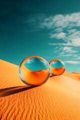 Surrealistyczne kształty w niezwykłych przestrzeniach: kolekcja przezroczystych kul i geometrycznych form w pustynnym oraz morskim otoczeniu, tworząca futurystyczną i artystyczną atmosferę