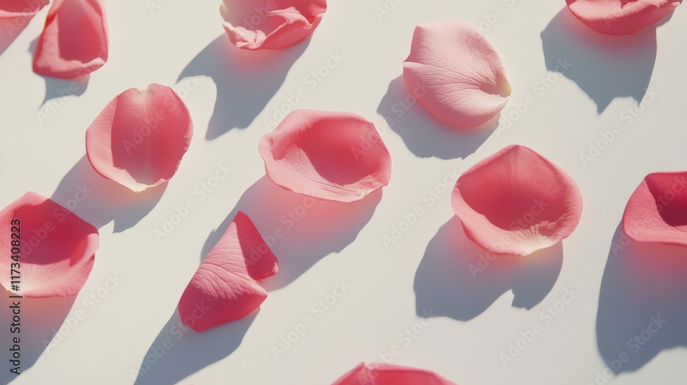 Poster delicate pink rose petals scattered across a pristine white surface create soft shadows and an elega