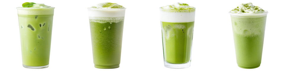 Iced matcha green tea drinks with frothy toppings and vibrant colors