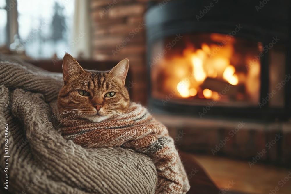 Poster a cat is wrapped in a blanket and sitting in front of a fireplace. the cat is looking at the camera