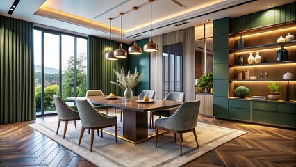 Modern 3D Rendered Dining Room: Elegant Table & Wall Design