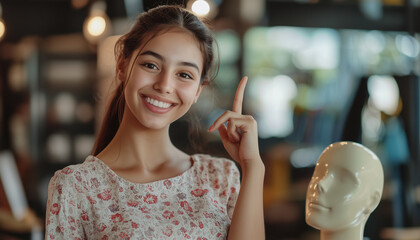 A young woman joyfully gestures while smiling at a camera in a creative workspace.
