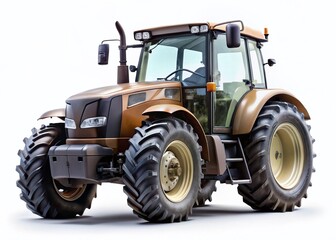 Obraz premium Modern American Tractor, Brown Cab, Gray Bumper, Isolated on White Background - Minimalist Stock Photo