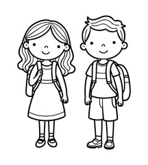 Children Black Outline Holding School Bag with a book Line art vector clipart illustration .	