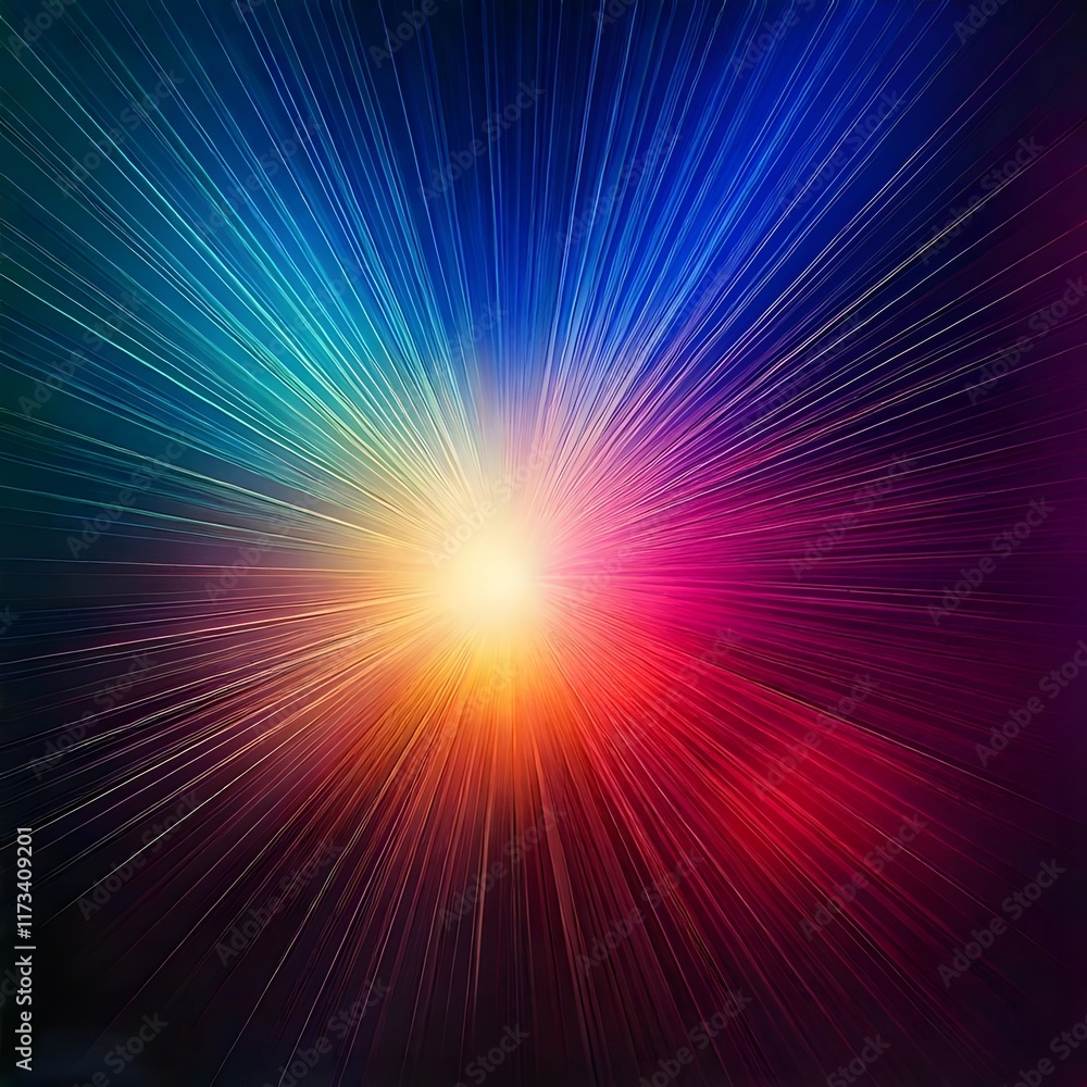 Poster abstract light burst with vibrant rays and colorful gradient on dark background, perfect for technol