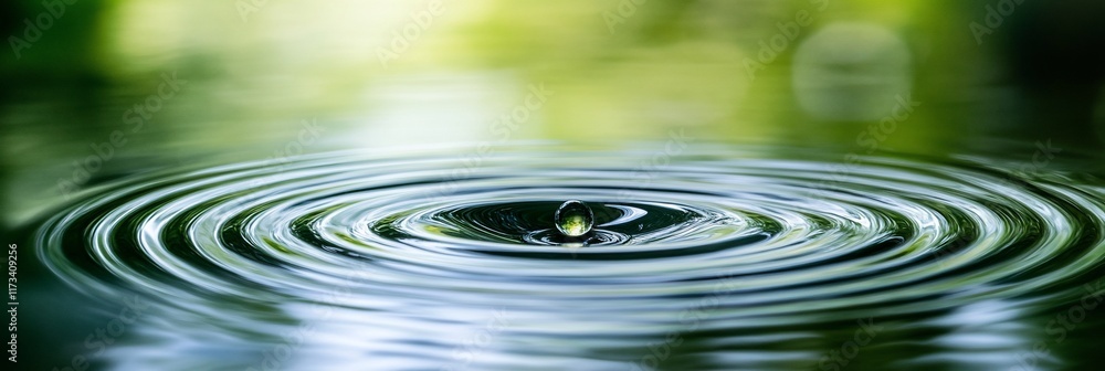 Aufkleber water droplet impact creating concentric ripples on a calm water surface with blurred green backgrou