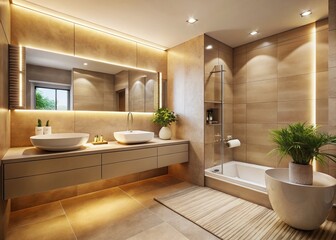 Fototapeta premium Modern Beige Bathroom, Low Light Interior Design Stock Photo