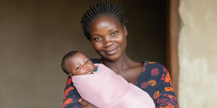 A woman holding a baby in a pink blanket. The baby is smiling and the woman is smiling back. Scene is happy and joyful