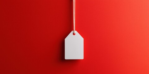 A white tag hangs from a red background. The tag is empty and has a tag on it