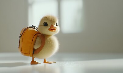 Duckling with orange backpack on light surface, soft shadows.