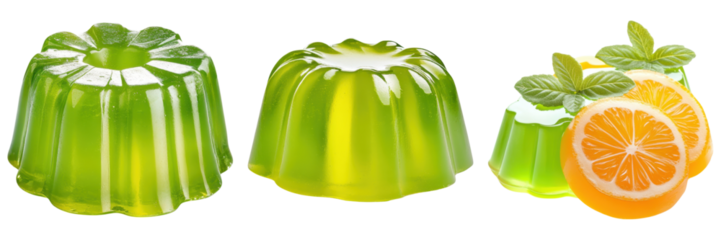 Vivid citrus green gelatin dessert with refreshing lemon slices and mint