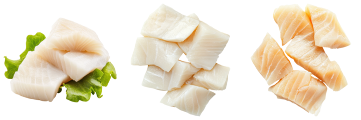 Fresh halibut sashimi slices arranged on lettuce, showcasing glossy texture