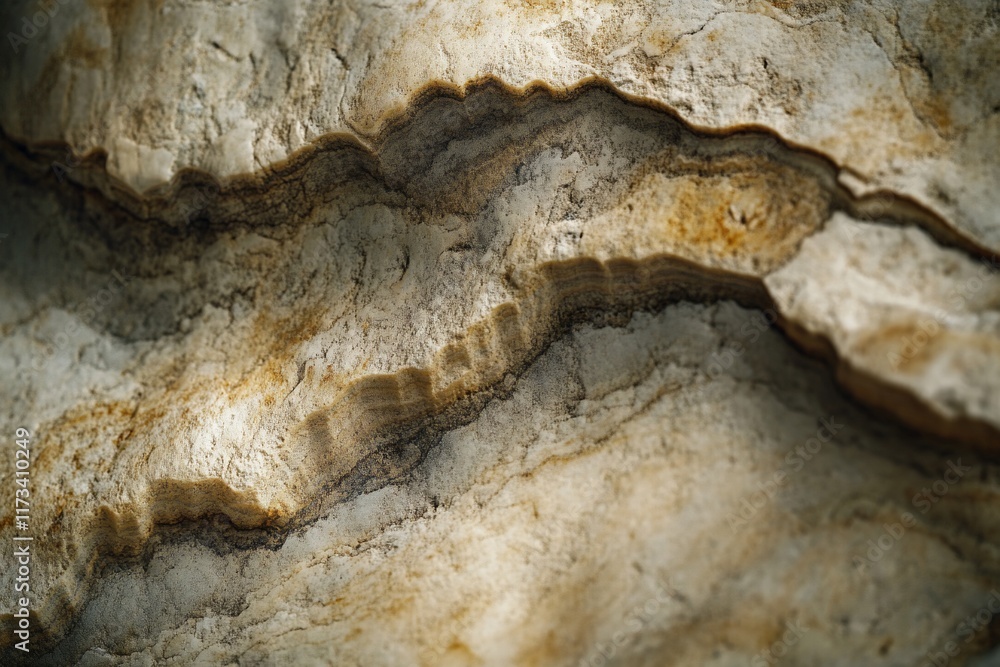 Poster Close-up of textured stone surface with natural veining and color variations, showing geological formations.