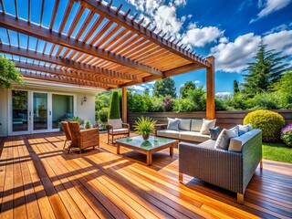 Obraz premium Modern Deck Renovation: Fresh Stain & Pergola Shade