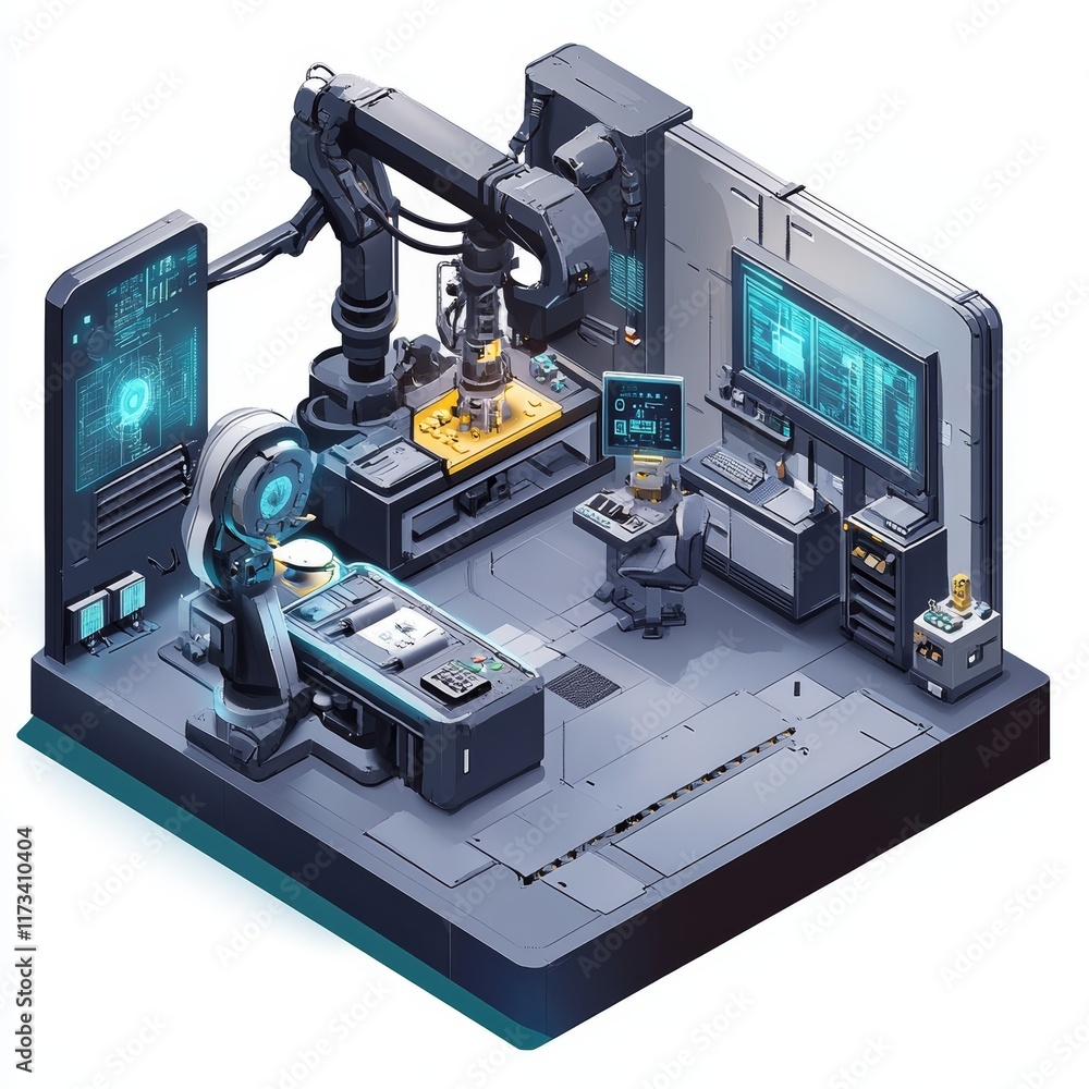 Poster high-tech robotics lab featuring cutting-edge equipment, digital screens, and automated systems for 