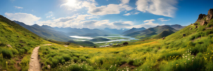 Fototapeta premium Breathtaking View of Serene Highland Hiking Trail Awash with Untouched Natural Beauty.