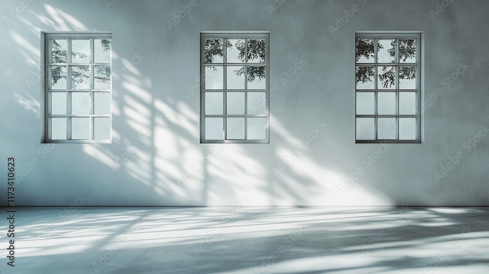 Aufkleber three windows in a minimalist room with sunlight casting shadows on the wall and floor.