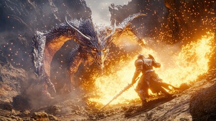 a close up of a dragon attacking a man with a sword