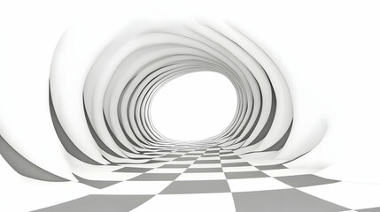 Fototapeta premium Abstract swirling tunnel with checkered floor, leading to bright light, ideal for futuristic or technology backgrounds.