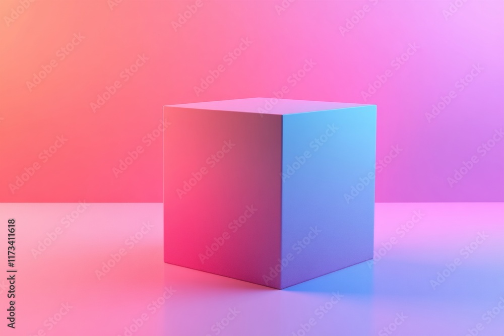 Poster white cube is sitting on a pink background. the cube is the main focus of the image