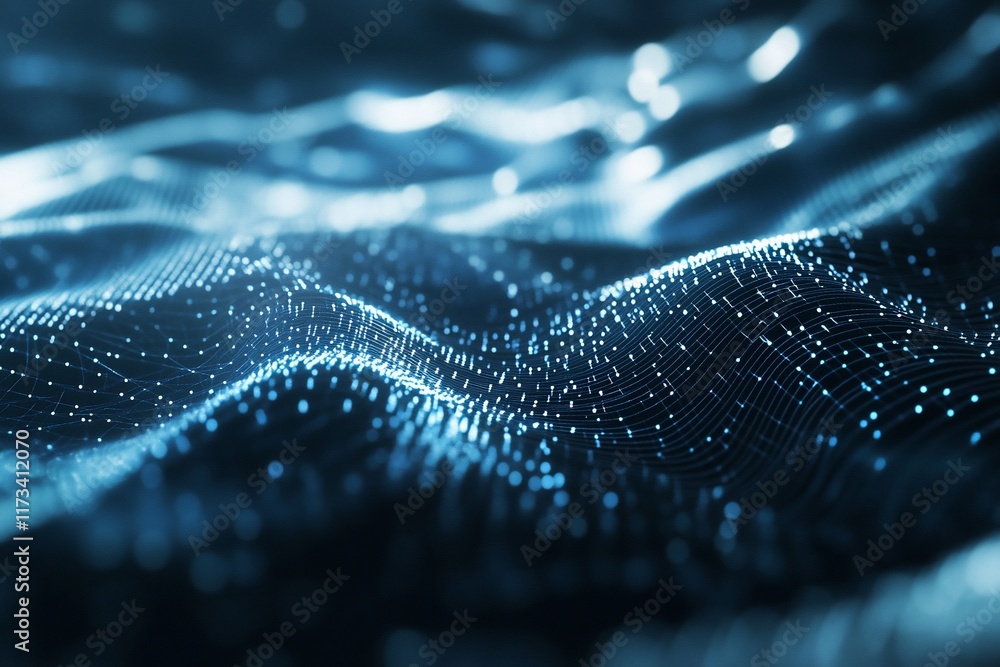 Aufkleber abstract blue digital wave background with glowing particles.