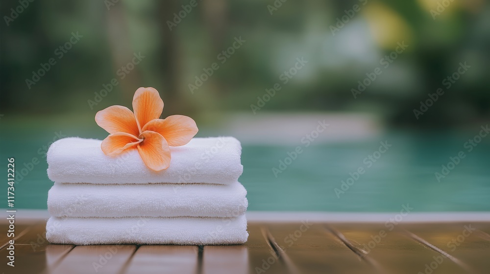 Poster soft white towels stacked neatly on a wooden deck beside a tranquil pool. adorned with a delicate fr