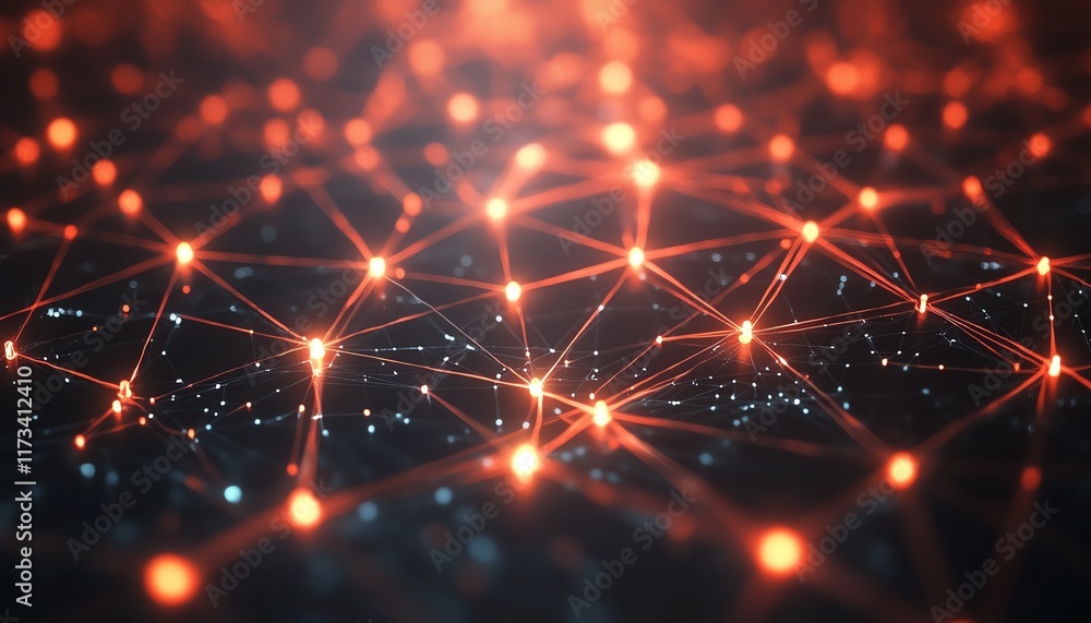 Poster digital social network connection concept, bright user icons linked by lines, dark background, 3d re