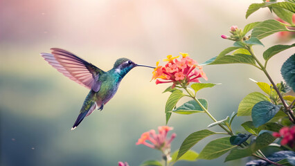 Fototapeta premium Hummingbird in Flight Feeding on Vibrant Flower Petals