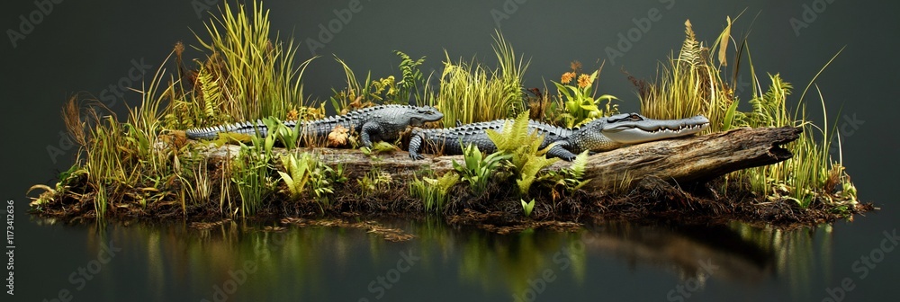 Poster Two alligators resting on a log in a swampy environment.