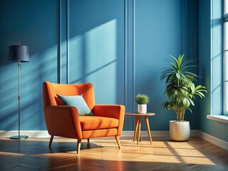 Modern Living Room Interior Design: Orange Armchair & Blue Wall - Candid Photography