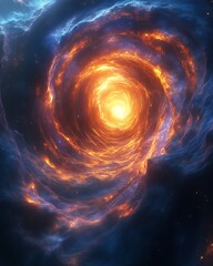 Fiery cosmic swirl, bright light at center.