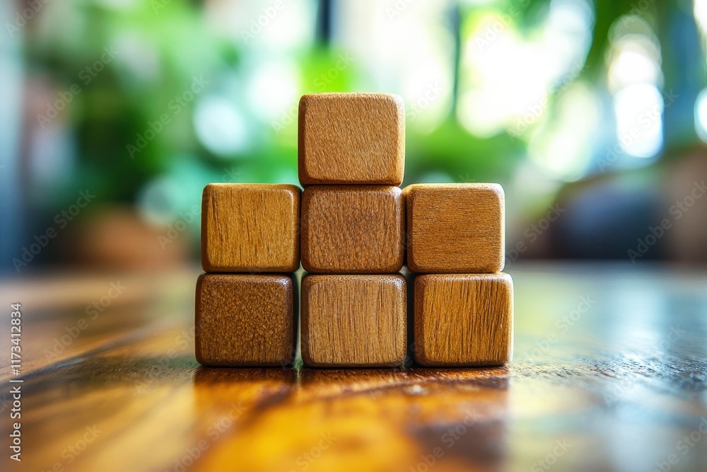 Poster stacked wooden blocks on a table in natural light with greenery background showcasing simple design 