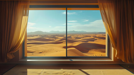 A window with a view of a vast desert, the sun casting long shadows over the dunes