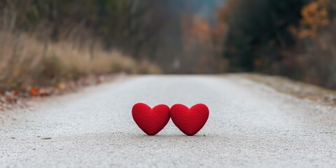 Fototapeta premium Two red hearts are on the road, one on the left and one on the right. The road is empty and the hearts are placed in the middle of it