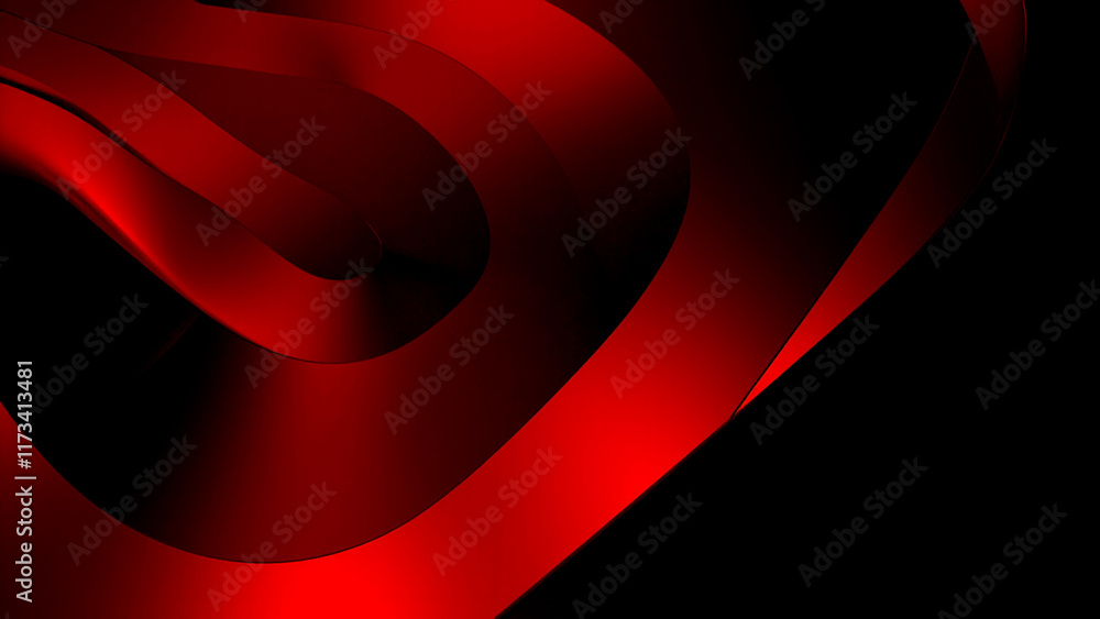 Poster flowing red ribbons create an abstract design in darkness