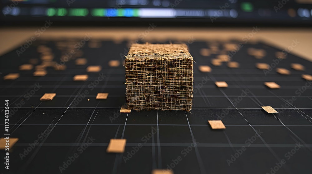 Fototapete close-up of a textured cube on a gridded surface, with a blurred computer screen in the background; 